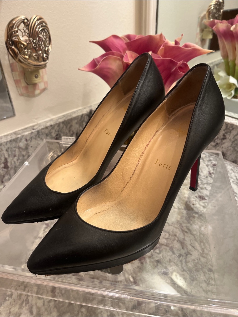 Christian Louboutin Black Leather Pointed Stiletto Heels with Red Soles